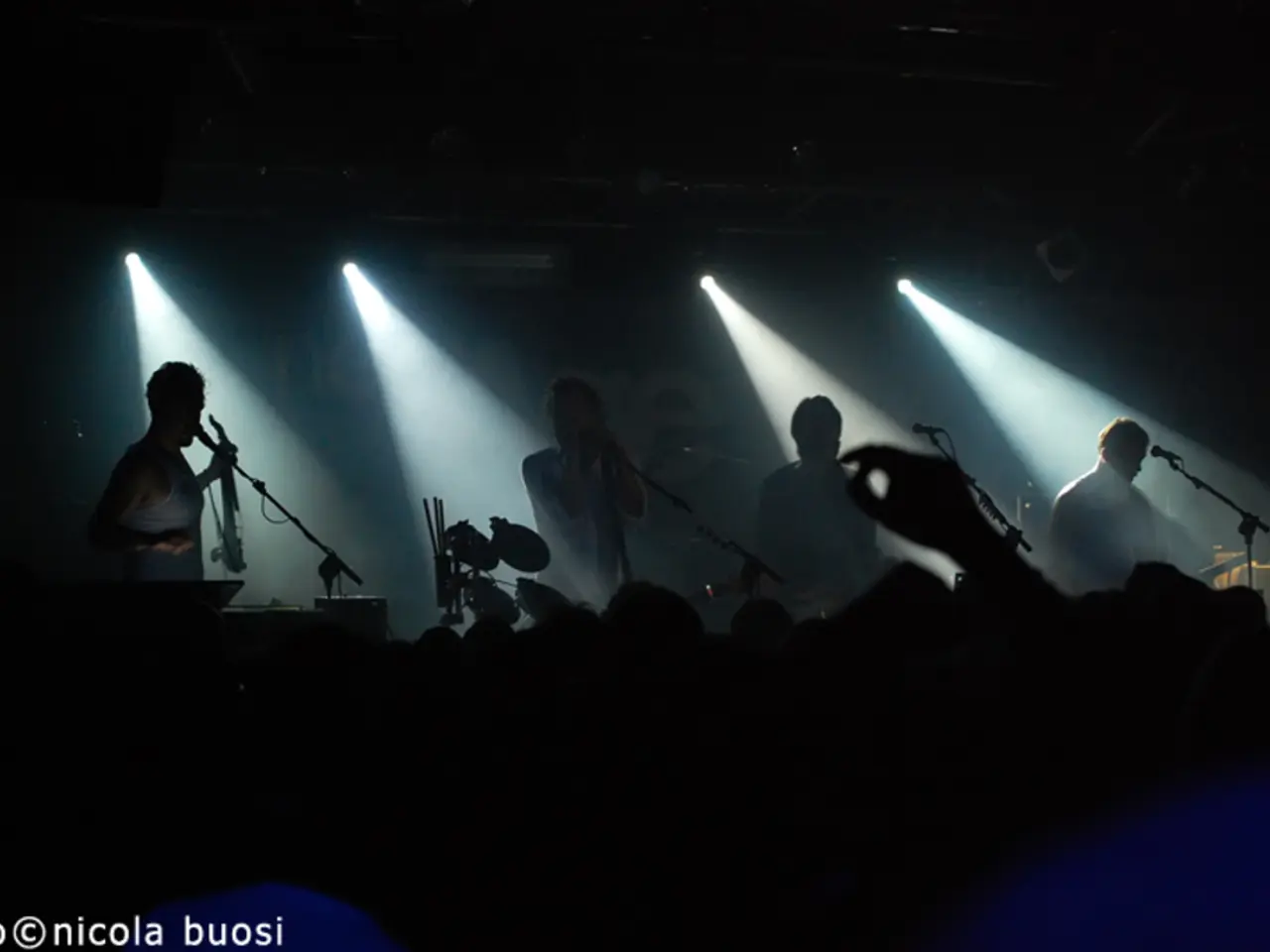 In this image I can see few people, few mics, few lights, watermark over here and I can see this...