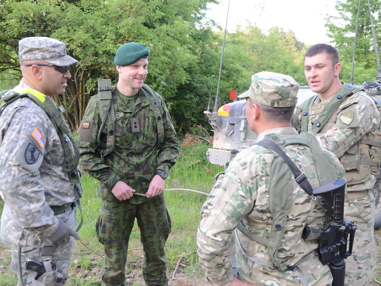 4 Army men are standing, they wore army dresses, weapons and caps and speaking. On the right side...