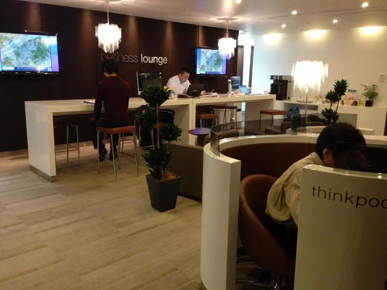 this picture shows three people seated on the chairs and working on the laptops and we see plants,...