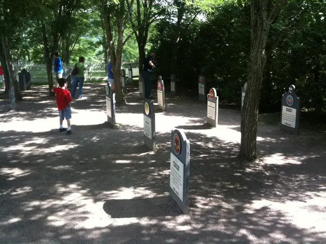 In this image there are a few people standing around in a cemetery, there are trees everywhere.