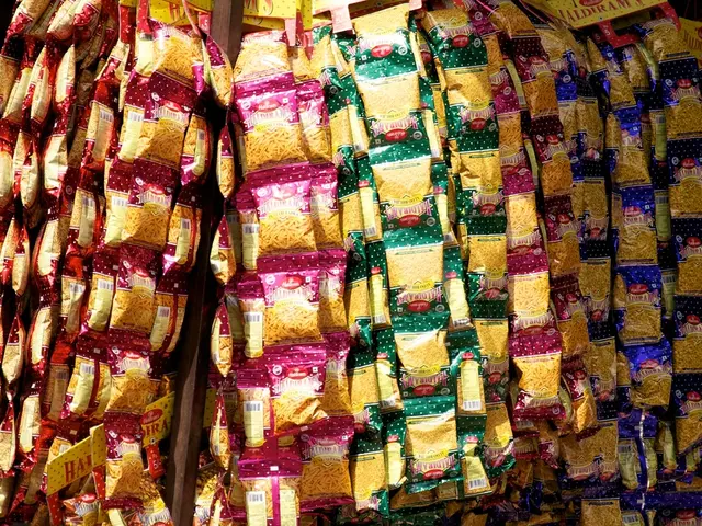 In this picture we can observe some packets hanging here. We can observe pink, green and blue color...