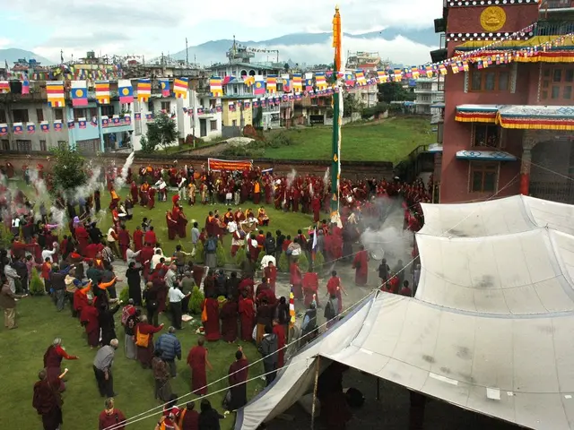 In this image in the middle there are many people, flags, tents, buildings, smoke, grass, plants,...