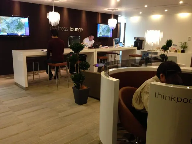 this picture shows three people seated on the chairs and working on the laptops and we see plants,...