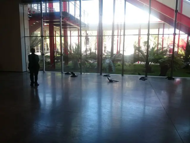 In this picture we can see a man standing in the hall. Behind there is a glass wall. In the...