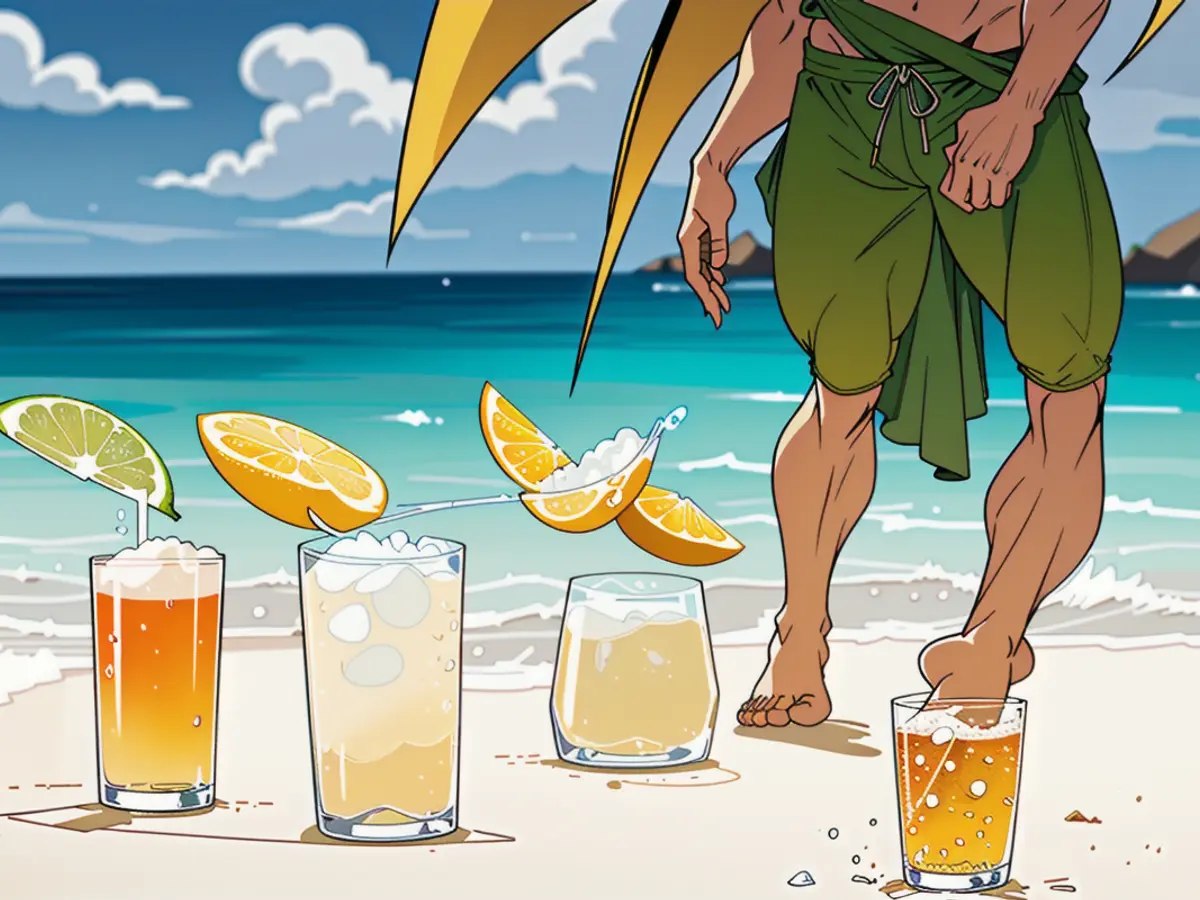 Drinks featuring lime-infused beers set against a serene beach backdrop.