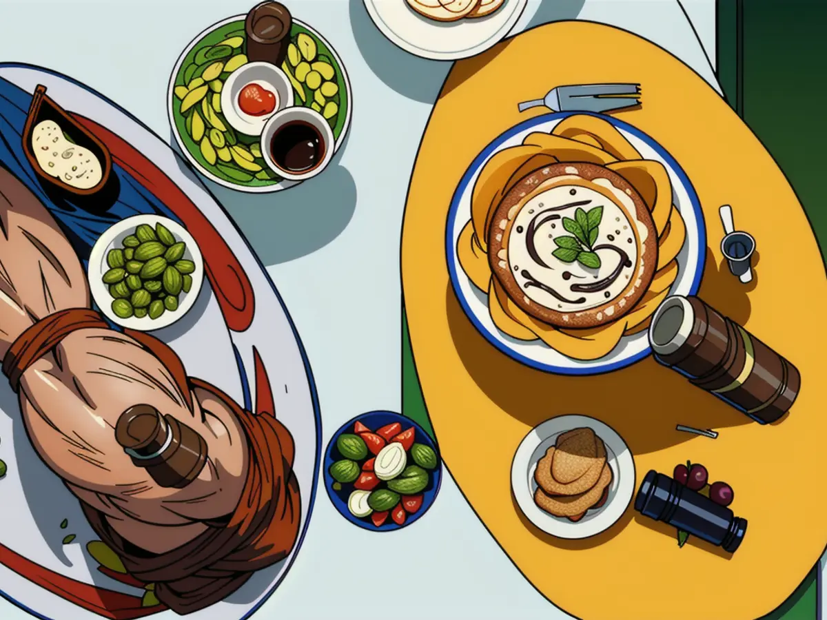 Overhead shot of two vibrant food plates and a single drink on a pristine white tablecloth. Aerial shot showcases two vibrant dishes on patterned plates, accompanied by a drink on a white tablecloth.
