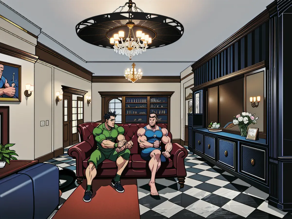 Room boasting a patterned floor, housing a dining table, two sofas, and a bar section adorned with a chandelier. Room adorned with checkered flooring, equipped with a dining table, two sofas, and a bar section featuring a suspended chandelier.